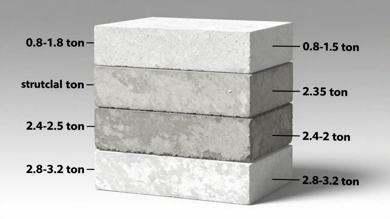 Farklı beton türlerinin ağırlıklarını gösteren dikey kesit: hafif, standart, yüksek dayanımlı ve özel ağırlıklı beton.