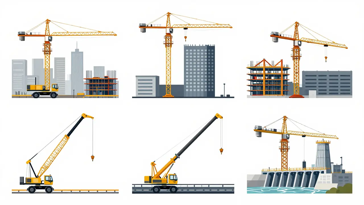 Farklı vinç türleri: mobil, kule, raylı, teleskopik ve baraj vinçleri farklı ortamlarda.