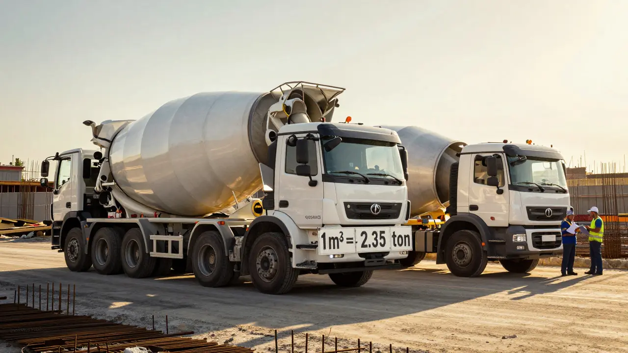 İki beton kamyonu yan yana, biri tam dolu, diğerinde eksik dolu, arka planda '1 m³ = 2,35 ton' yazısı var.