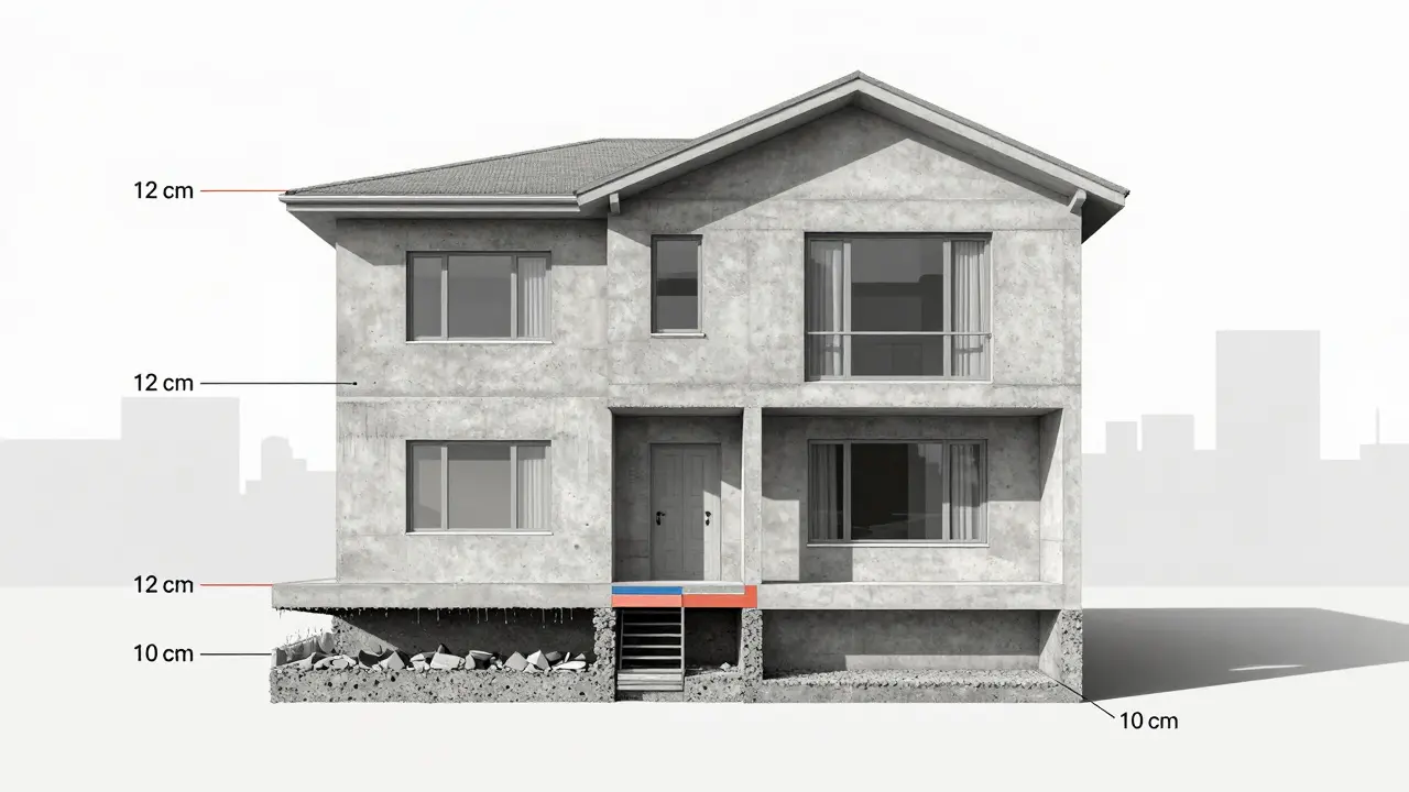 İki katlı bir evin beton katmanları: temel, zemin, üst kat ve çatı döşemesi.