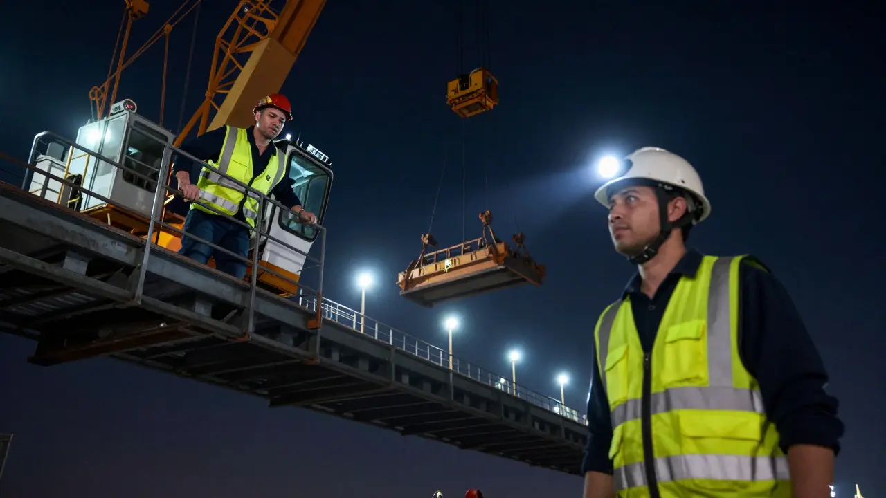 İki vinç operatörü gece nöbet değişimi yaparken, vinç yük taşırken.