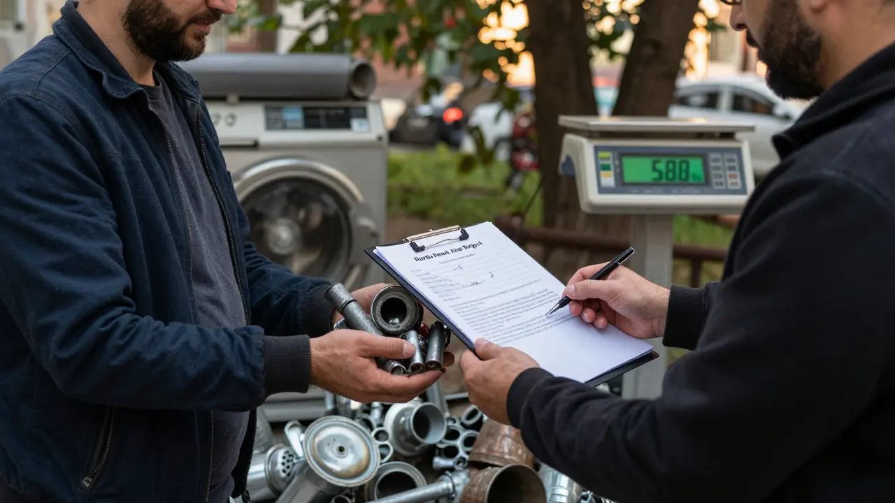 İstanbul'da bir ev sahibi, belgeli hurda demir teslim ederken.