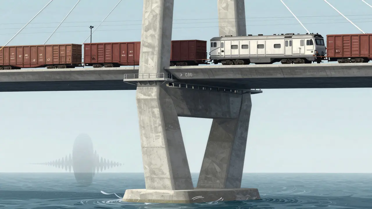 İzmir'de bir viyadük pili, C80 betonla inşa edilmiş ve tren yükü altında.