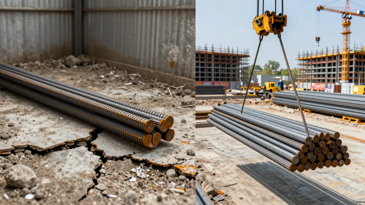 Kalitesiz ve kaliteli inşaat demirinin karşılaştırması: biri paslı ve sığ dişli, diğeri parlak ve standartlara uygun.