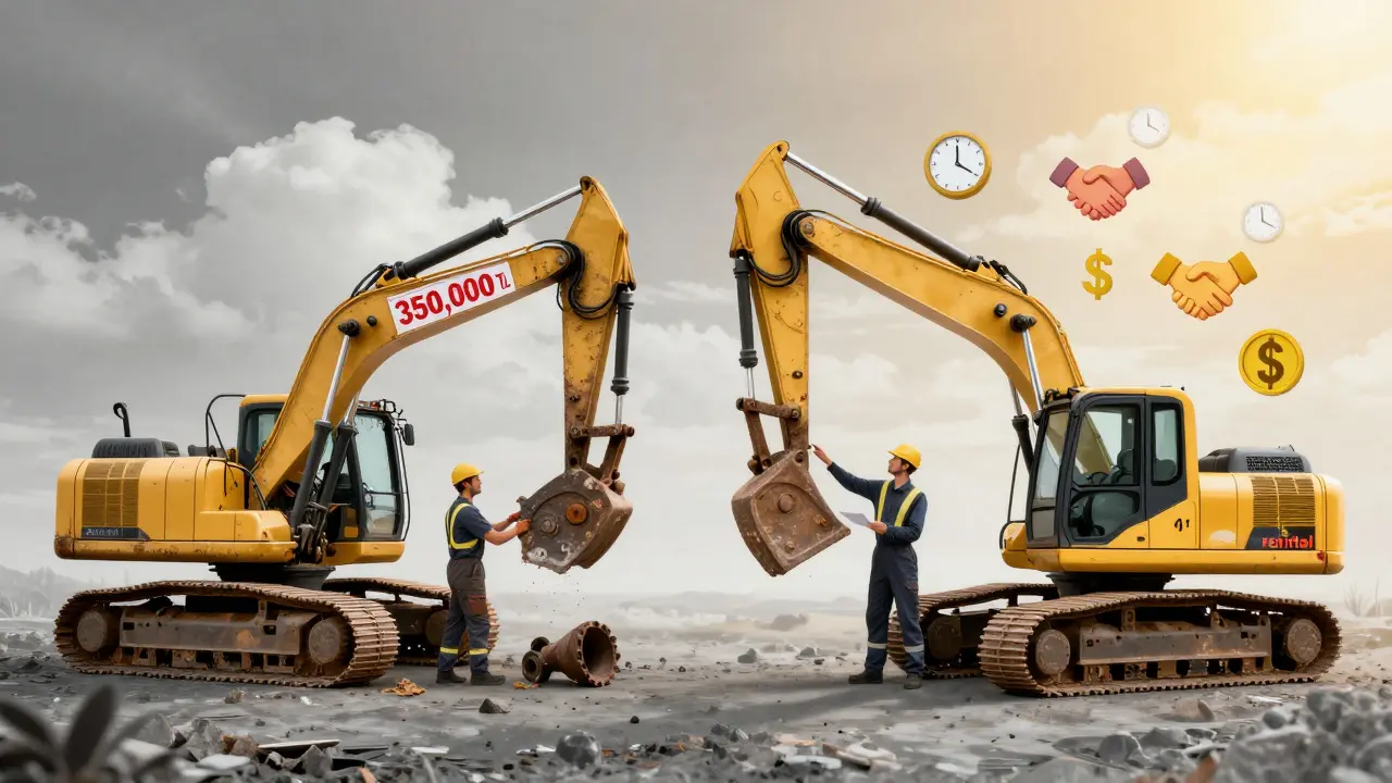 Kiralık kepçeyle kazanç ve satın alma ile maliyet arasındaki karşılaştırma konsepti.