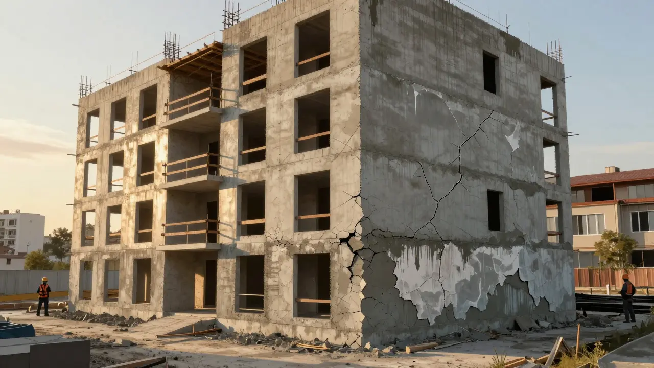 Modern bir apartman binasının sağ tarafı sağlam, sol tarafı çatıkmış; kaliteli ve kalitesiz çimentonun karşılaştırılması.