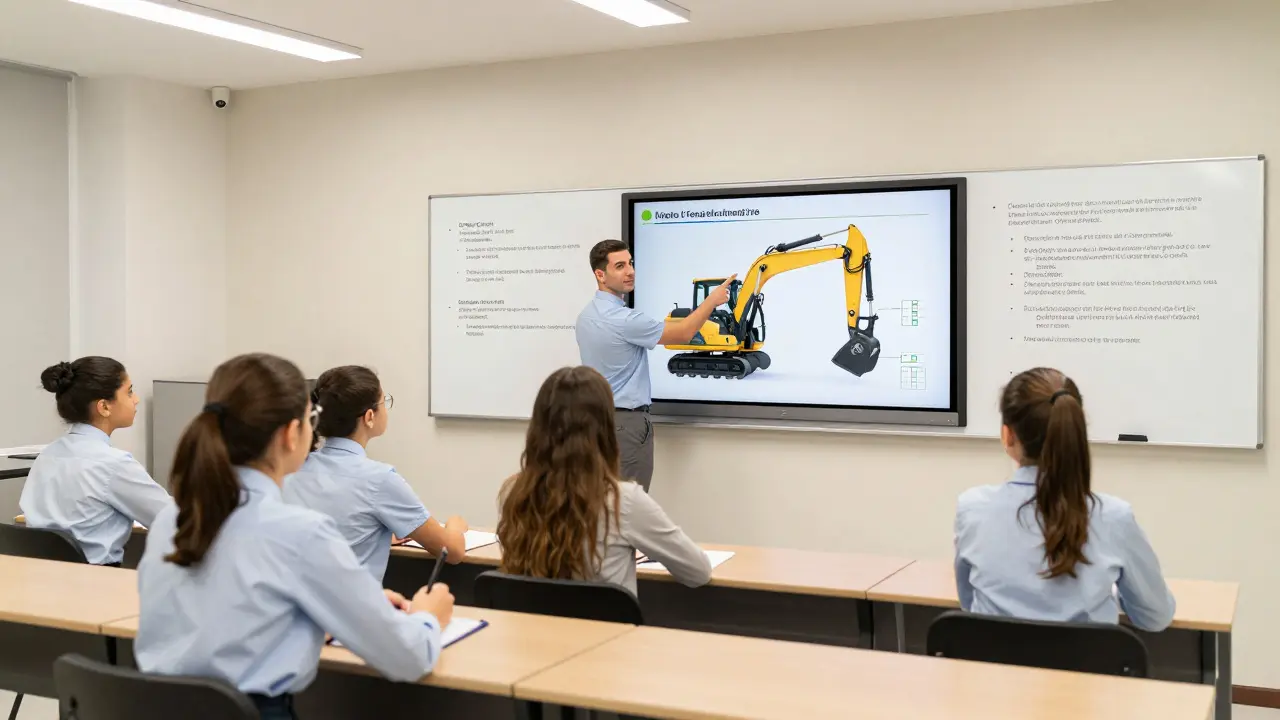 Öğrenciler bir excavator simülatörü etrafında toplanmış, eğitmen ders anlatıyor, sınıfın duvarında güvenlik kuralları yazıyor.