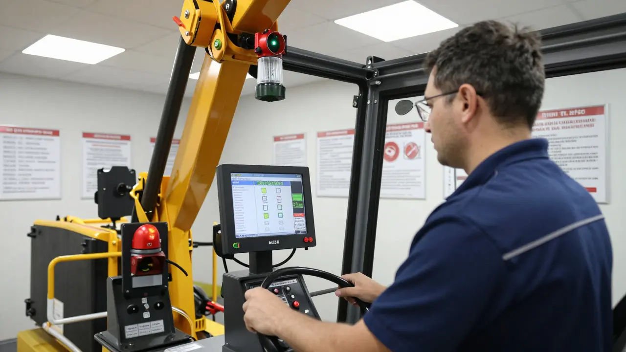 Operatör, dijital sistemlerle eğitim sırasında acil durum prosedürlerini uyguluyor.