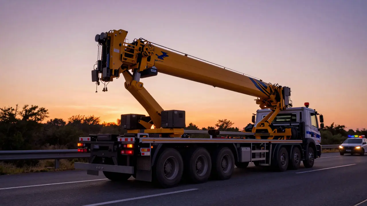 Özel izinli ağır yük taşımacılığı, çok akslı kamyon ve polis eskortu.
