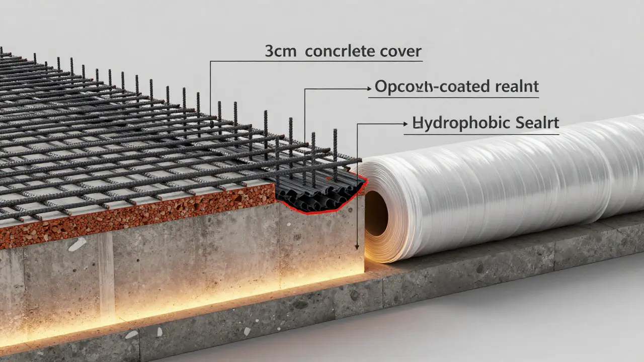 Perde beton duvarın kesiti, koruyucu katmanlarla birlikte beton ömrünü uzatan teknikler gösteriliyor.