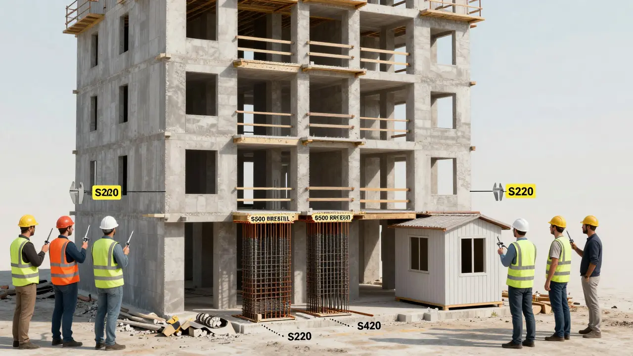 S220, S420 ve S500 inşaat demirlerinin farklı yapı bileşenlerindeki kullanımı gösteriliyor.