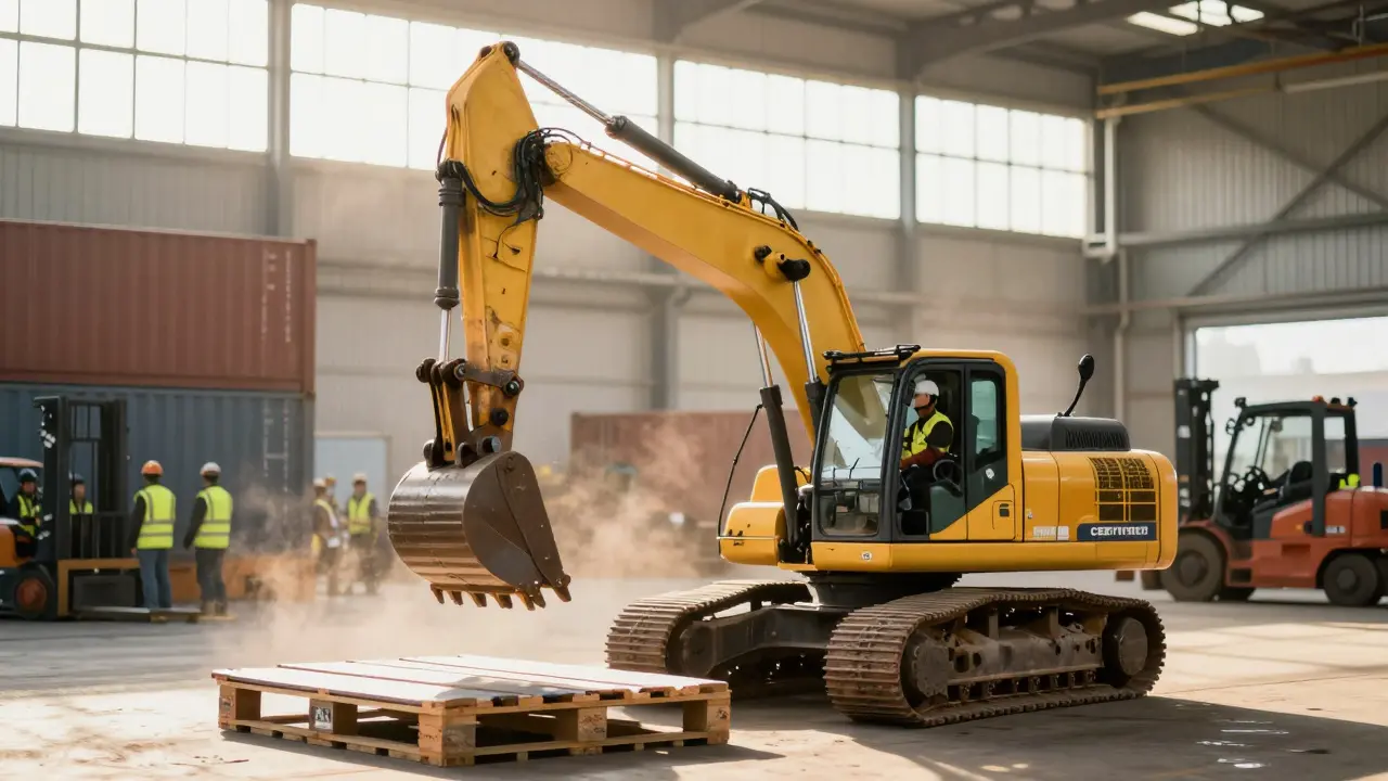 Sertifikalı bir operatör 5 tonluk bir excavator ile bir çelik kiriş 3 metre yüksekliğe kaldırıyor, lojistik deposunda.