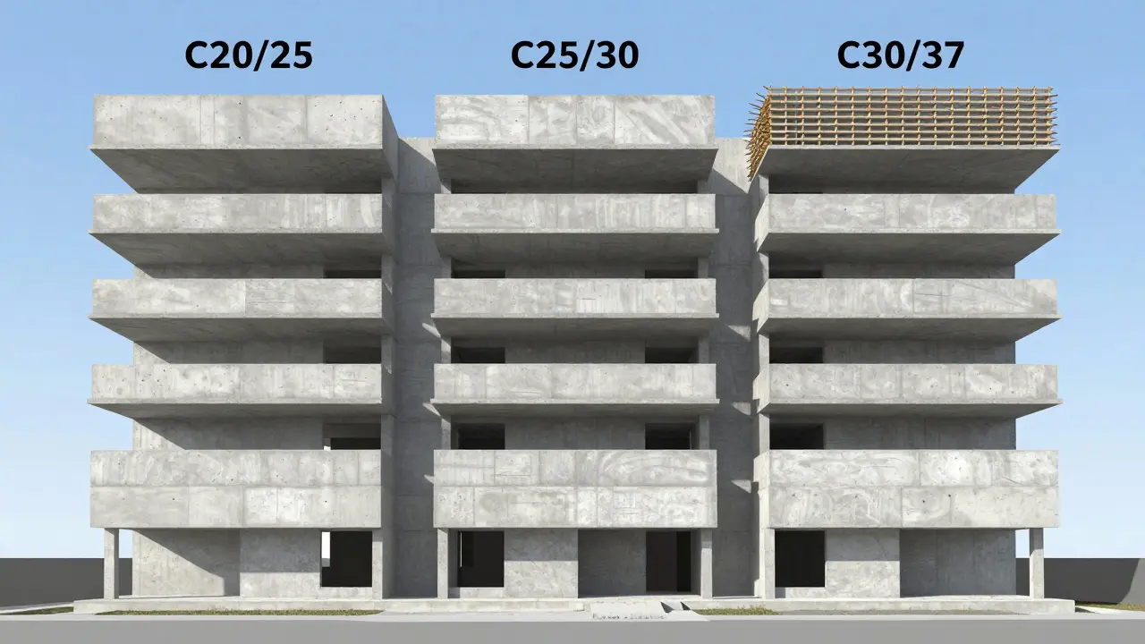 Üç farklı beton sınıfının çok katlı bir TOKİ binasında kat kat kullanım gösterimi.