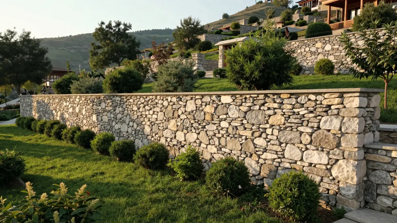 Bahçe peyzajında yapılan bitmiş geleneksel taş çit duvarı manzarası