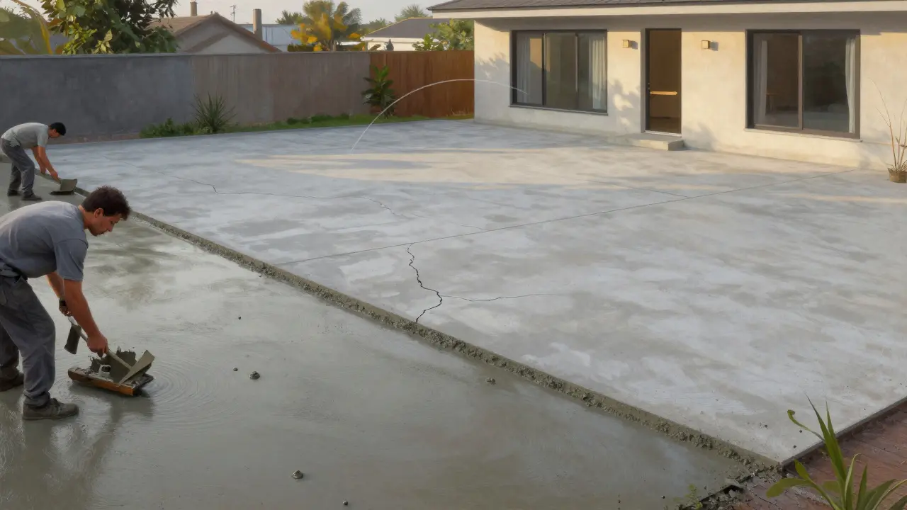 Beton zeminin 100 m² alan üzerinde zaman içindeki dönüşümü: yeni dökülmüş, 5 yıllık ve on yıllar sonra sağlam halde.