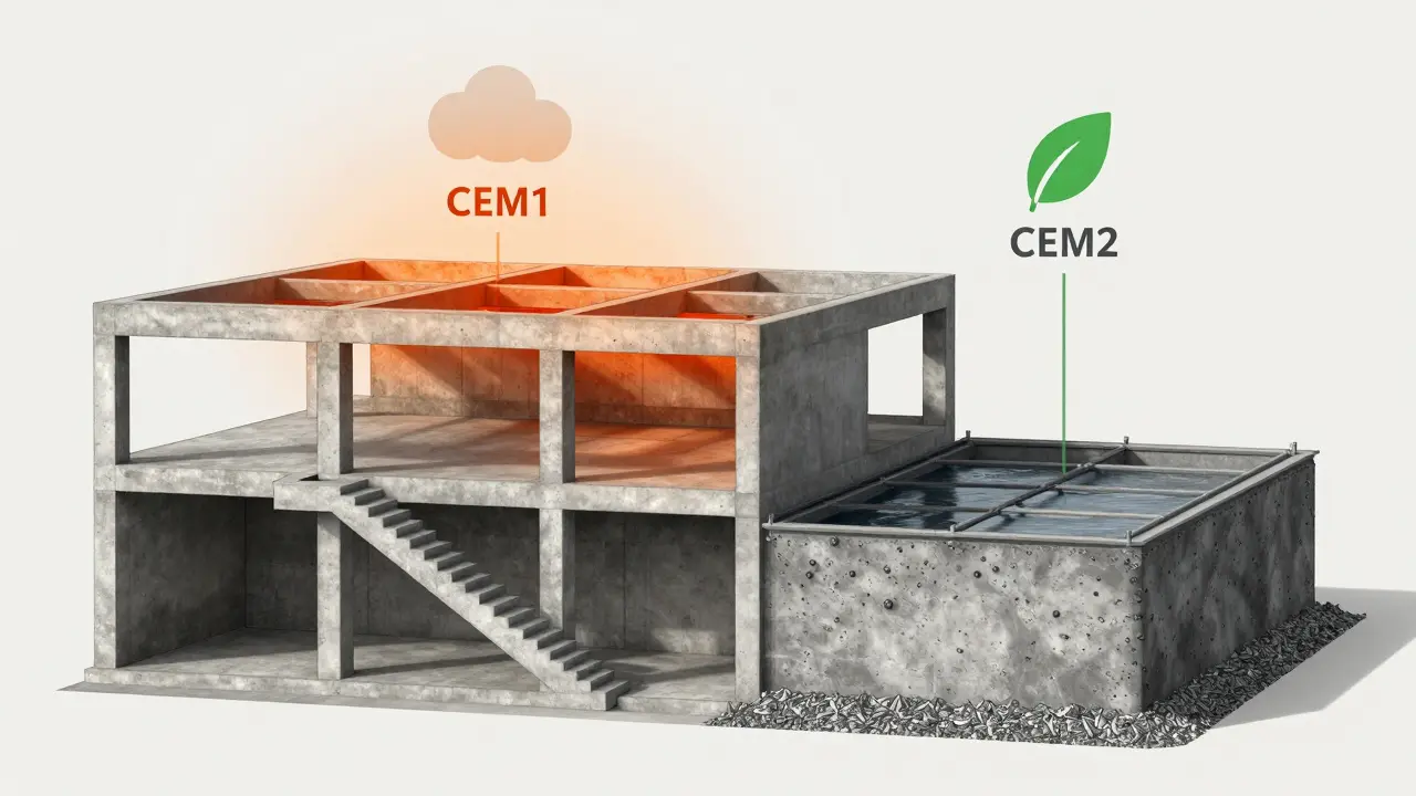 Bir binanın kesitinde CEM1'in yapısal elemanlarda ve CEM2'nin suya maruz kalan bölümlerde kullanımı.