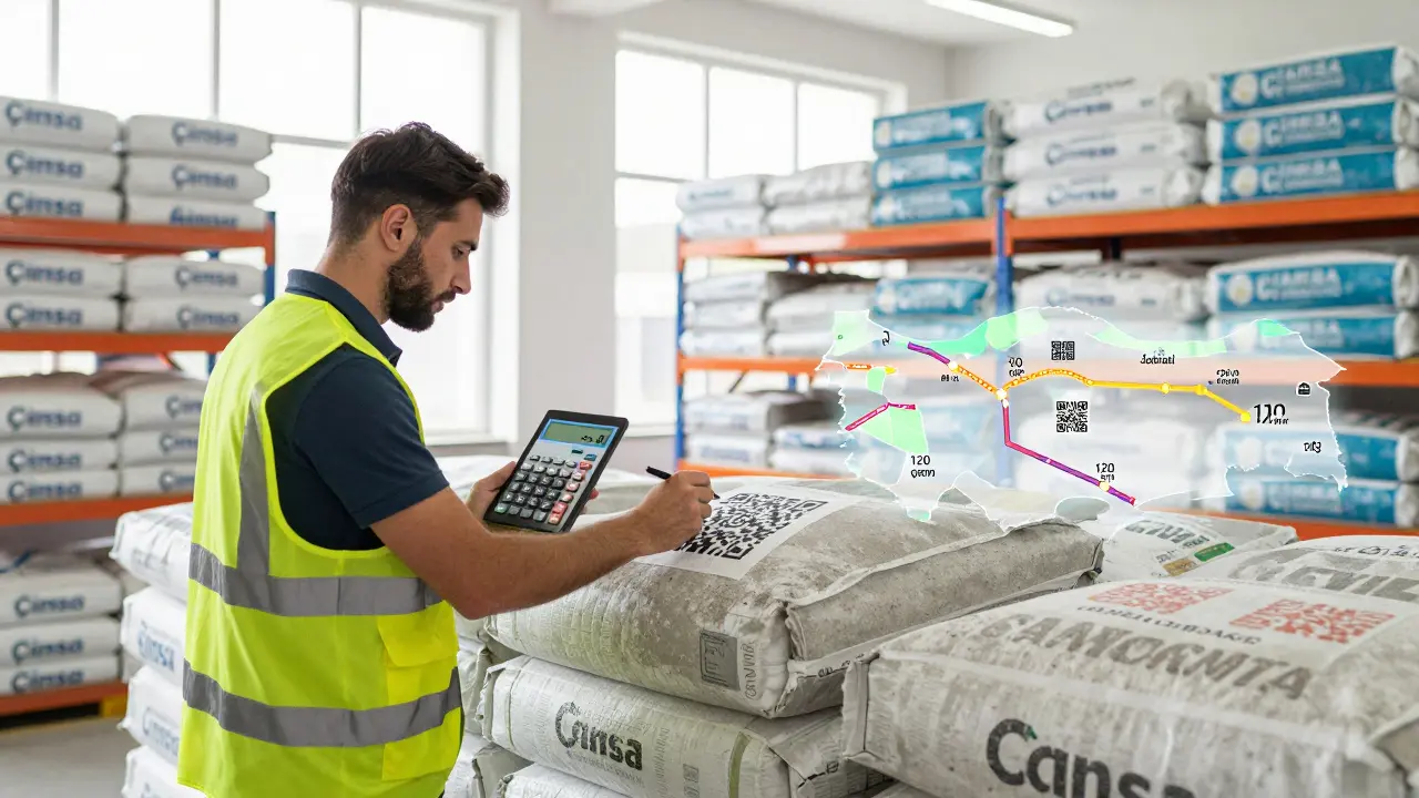 Bir çalışan, tablet üzerinde çimento hesaplama aracını kullanırken çimento torbalarının etiketlerini tarıyor.