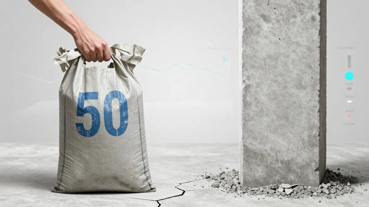 Bir elde eski kırık beton ve yeni sağlam beton yan yana, çimento dozajının önemini görselleştiriyor.