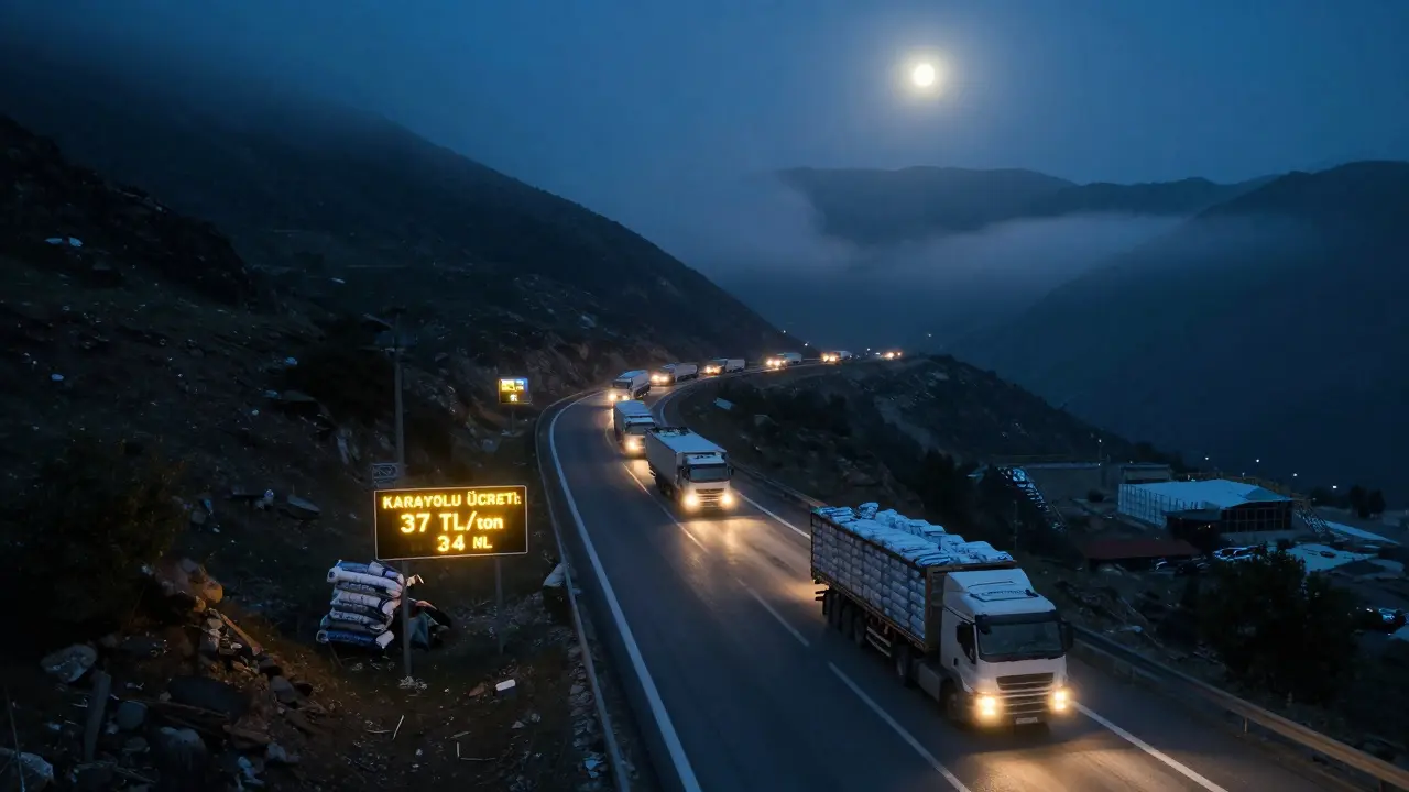 Bir karayolunda ağırlıklı çimento kamyonları ve döviz kuru ekranları ile gece manzarası.