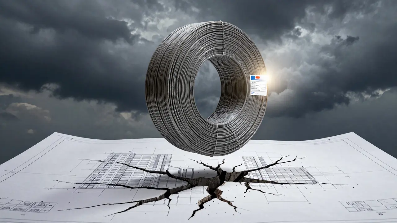 Bir ton çelik demir, kalitesiz yapıya zarar veren çatlaklarla birlikte, sertifikalı etiket ışıkla aydınlatılıyor.