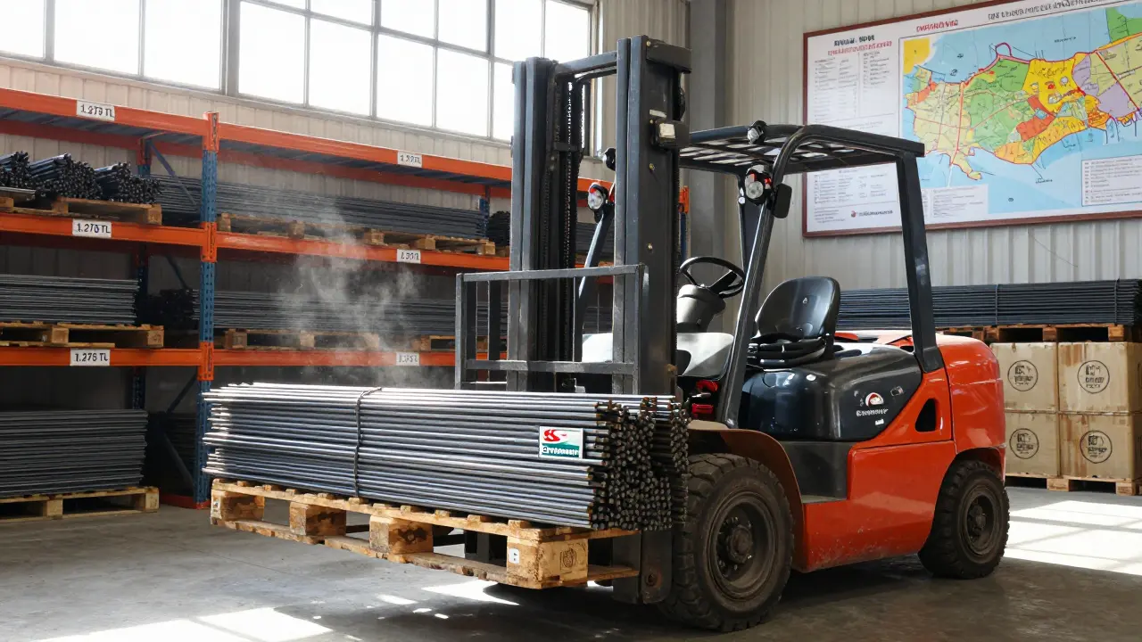 Depoda üretici markalı çelik çubuklar ve fiyat etiketleriyle dolu paletler.