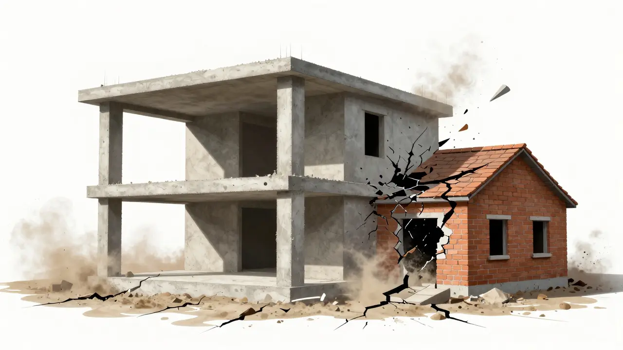 Depremde perde beton yapı sağ kalırken, tuğla ev çöker, yapısal bütünlük farkı görülüyor.