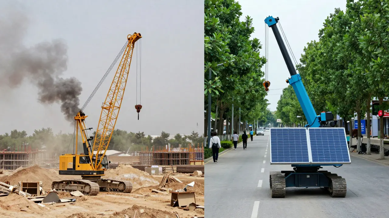 Dizel ve elektrikli kule vinçlerin çevresel etkileri karşılaştırmalı olarak gösteriliyor.