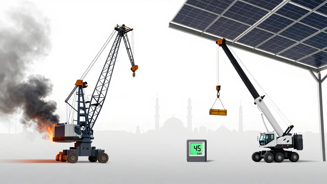 Dizel vinç ve elektrikli vinç yan yana: biri yakıt tüketiyor, diğeri sessizce çalışıyor, çevresel etki karşılaştırması.