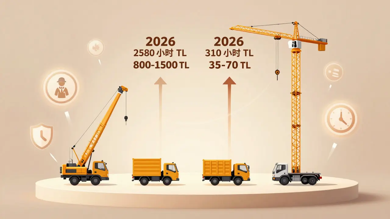 Dört farklı vinç türünün saatlik kira fiyatları ve ek masrafların görselleştirilmiş bir karşılaştırması.