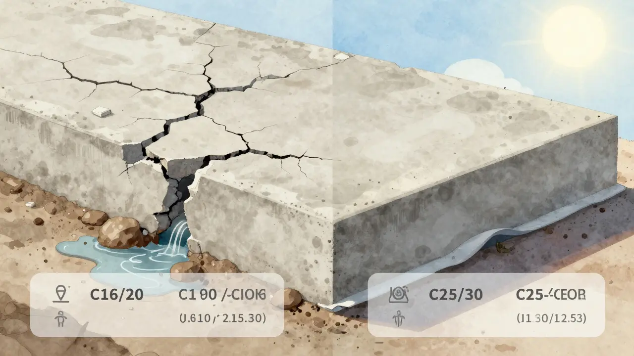 Düşük ve yüksek kaliteli beton zeminlerin karşılaştırmalı görseli: biri çatlaklı ve nemli, diğeri düzgün ve izole edilmiş.