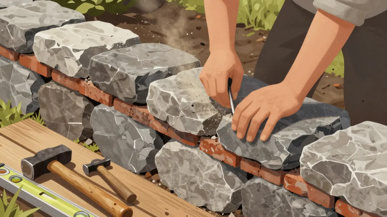 Duvar örerken doğal taşlar ve harç detayları gösteren illüstrasyon.