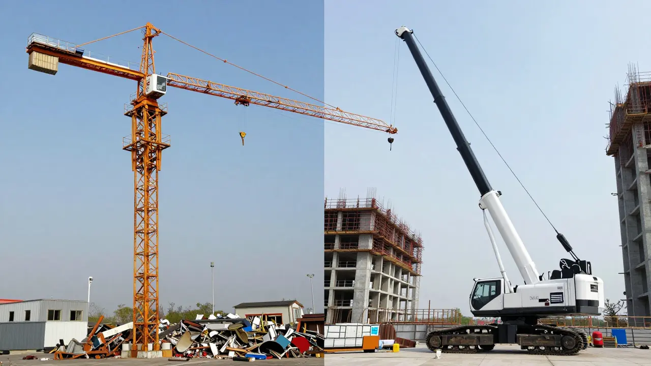 Eski, paslı bir kule vinç ve yeni, bakımlı bir kiralık vinç yan yana karşılaştırılıyor.