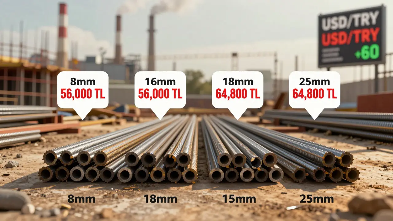 Farklı çaplı çelik demirlerin uzunluk ve fiyat karşılaştırması, fabrika arka planıyla.