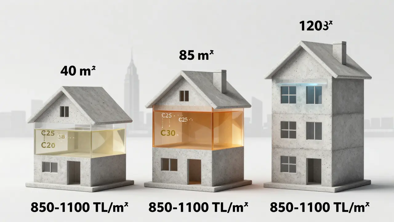 Farklı kat sayılarına sahip ev modellerinde beton hacimleri renkli sıvılarla gösteriliyor.