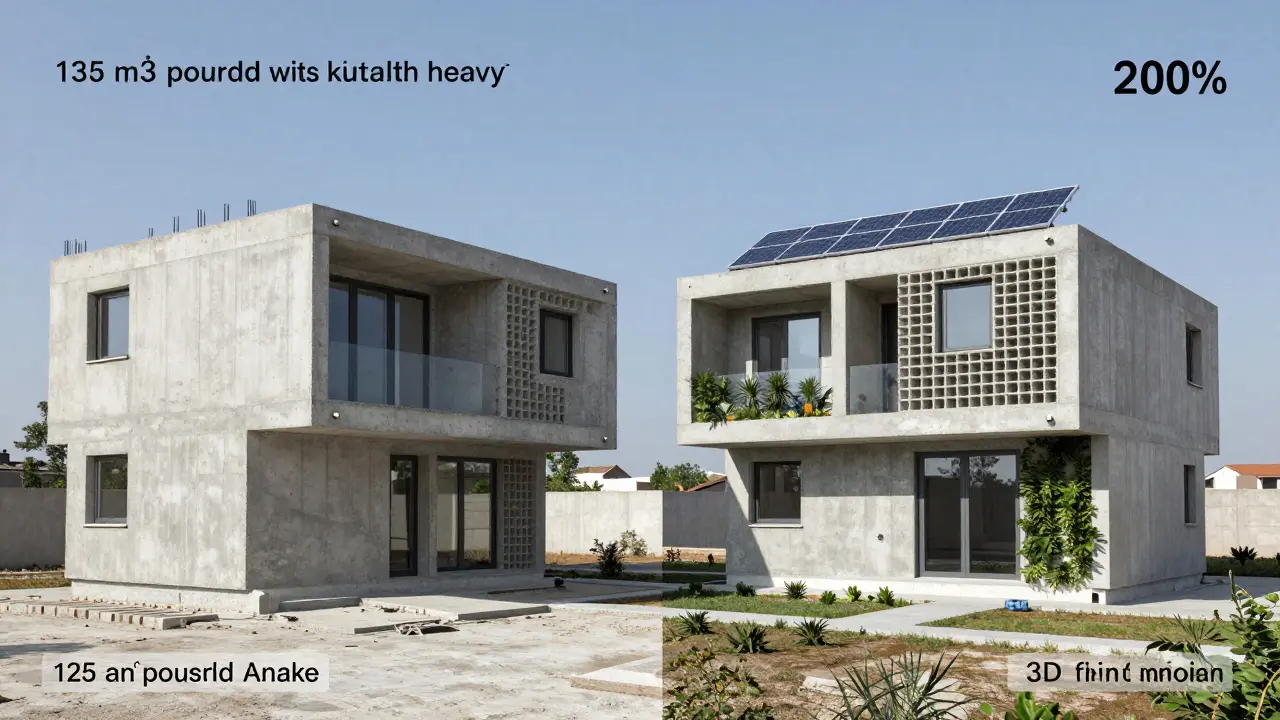 Geleneksel betonla karşılaştırılan modern 3D yazıcı beton ev modeli.