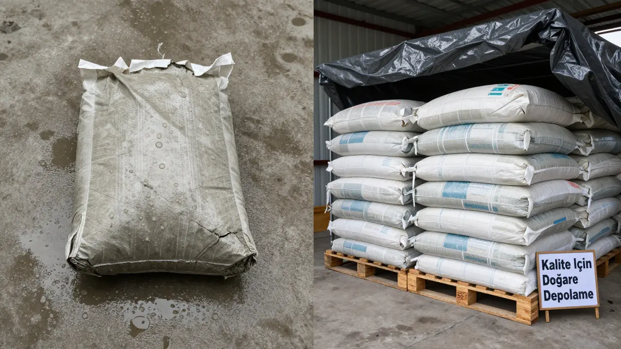 Hasarlı ve nemli çimento torbası ile doğru şekilde saklanan çimento torbalarının karşılaştırması.