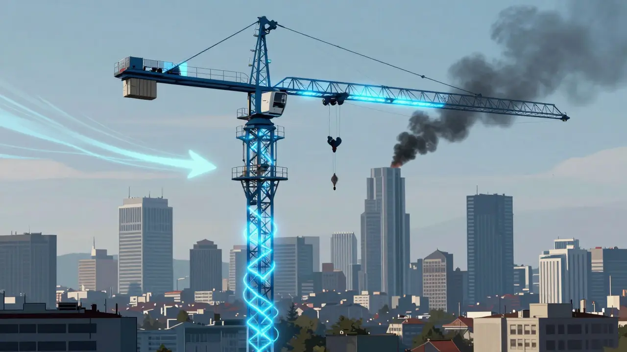 Hibrit kule vinç, diesel ve elektrik enerjisinin birleşimini görsel olarak gösteriyor.