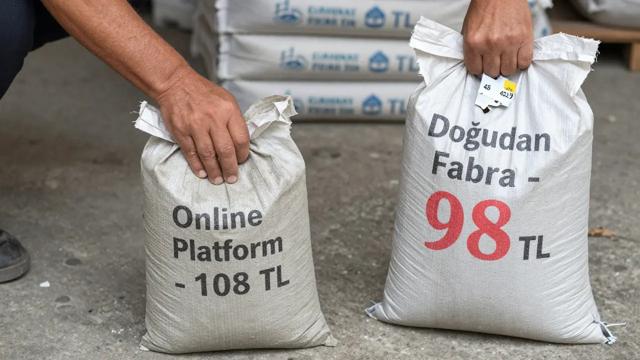 İki farklı çimento torbası: online platformdan alınan ve doğrudan fabrikadan alınan.