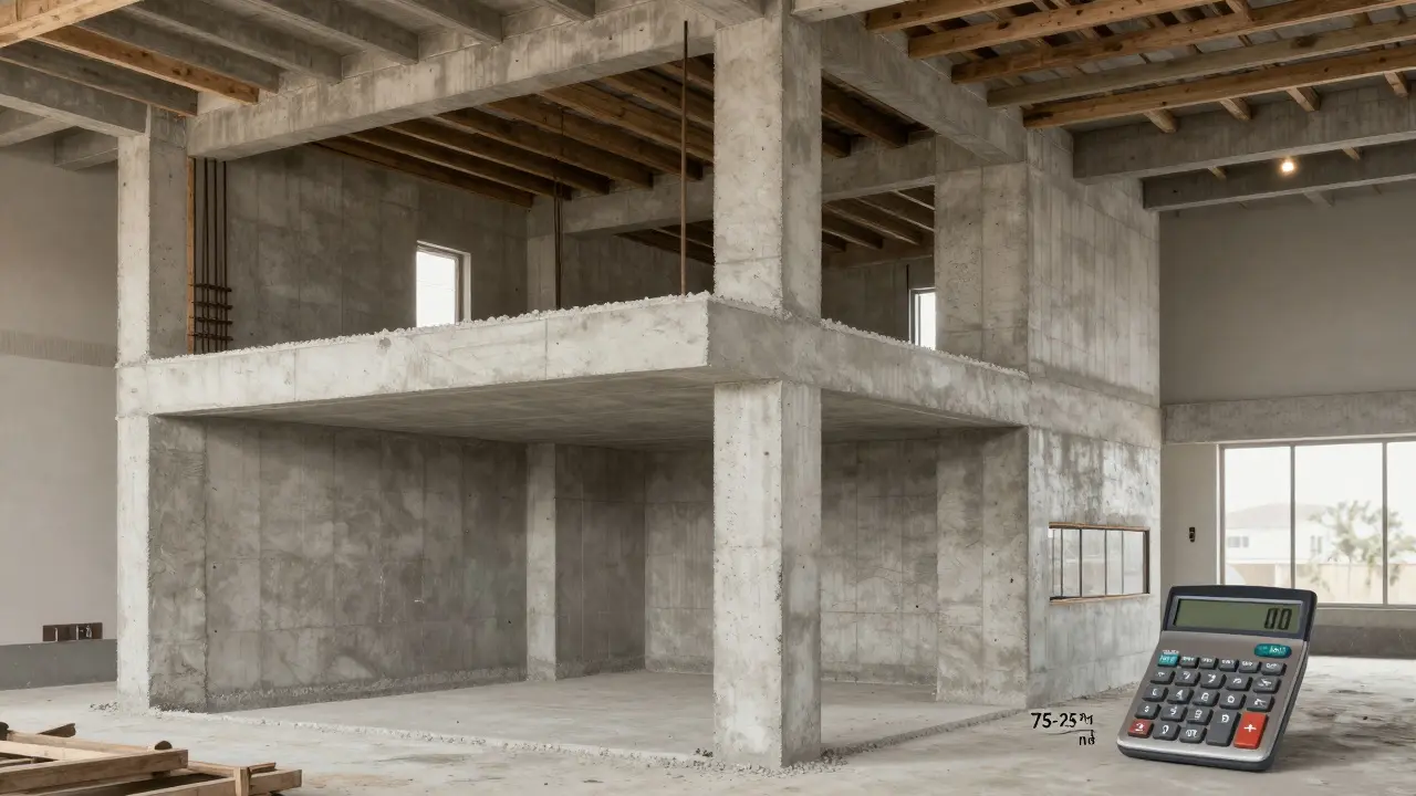 İki katlı bir evde beton kolonlar ve döşeme dökümü görülüyor, donatılar açıkça görünür.