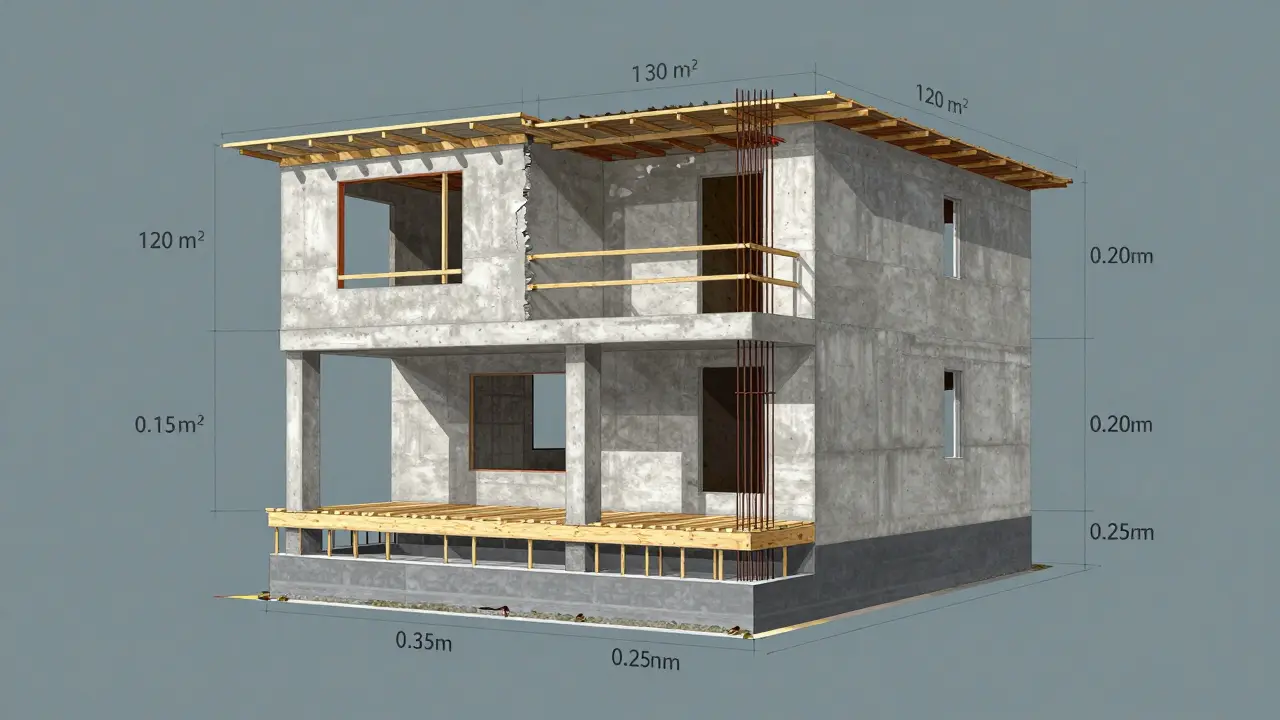 İki katlı bir evin beton ve demir donatı detaylarıyla kesit görünümü.