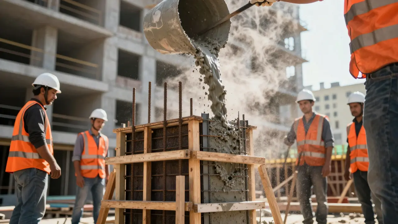İnşaat sahasında kolon kalıbına beton dökümü yapan işçiler.