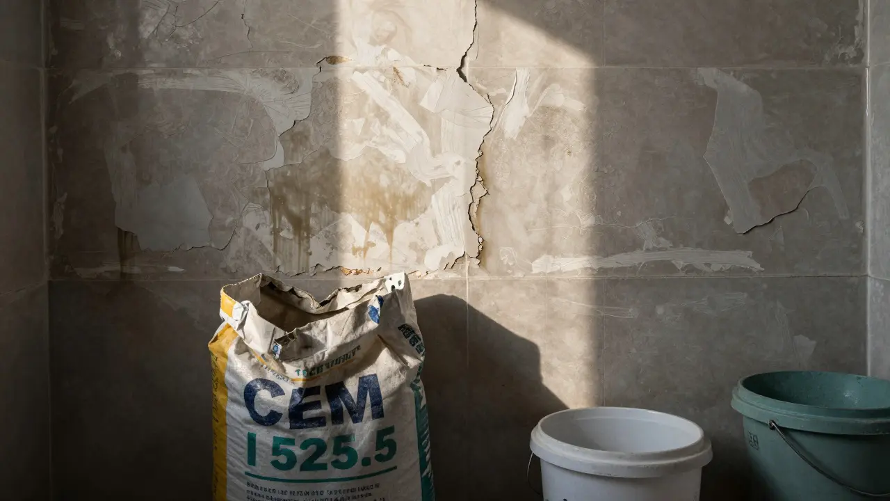 İstanbul'da çatlayan sıva duvarı, nem lekeleri ve çimento torbası ile birlikte, kalite hatasının görsel kanıtı.