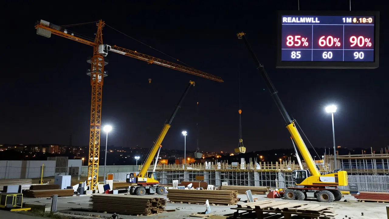 İstanbul'da üç farklı vinç türü, gece ışıkları altında aynı anda faaliyette.