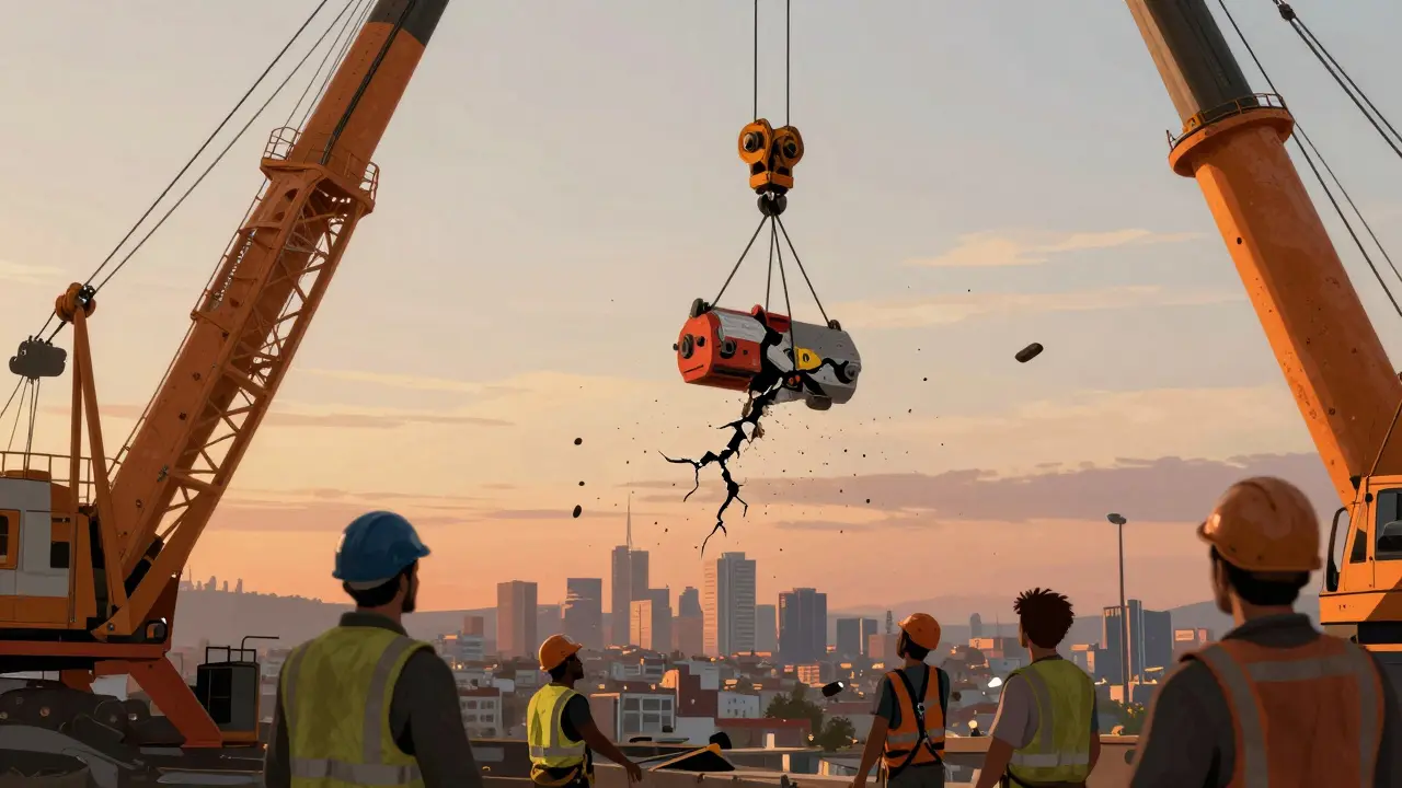 Kırılan bir kablo ile 18 metre yükseklikten düşen yük, işçilerin etrafında panik oluşuyor.