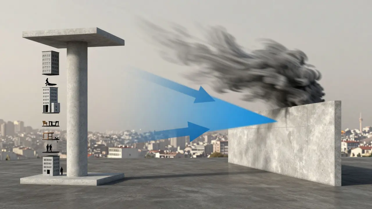 Kolonun düşey yükü taşırken perde betonun yatay kuvvetlere direnmesi kavramsal olarak karşılaştırılıyor.