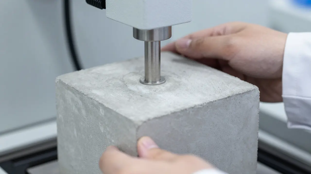 Laboratuvarda dayanım testi yapılan beton küp numunesi.