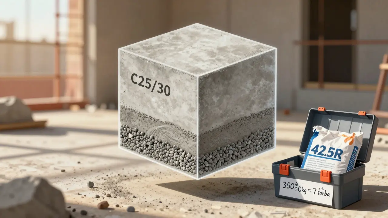 Şeffaf bir beton küp içinde çimento, kum ve çakıl oranları gösteriliyor, yanındaki çimento torbaları ile birlikte.