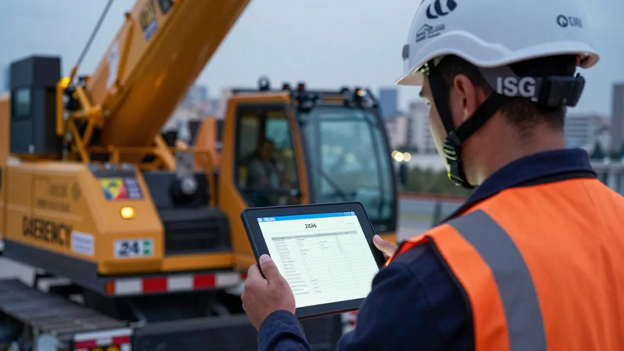 SGK sertifikalı bir vinç operatörü, 2026 teknik muayene raporlarını kontrol ediyor.