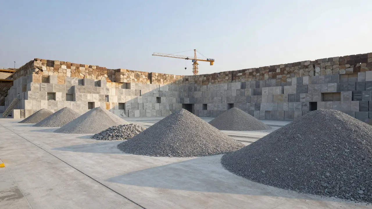 Sınıflandırılmış kaya yığınları ve lojistik düzeni gösteren depo sahnesi.