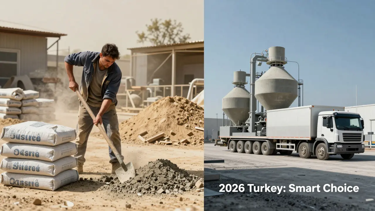 Sol tarafta elde beton karıştırma, sağ tarafta modern beton santrali ve kamyon; 2026 Türkiye için akıllı seçim karşılaştırması.